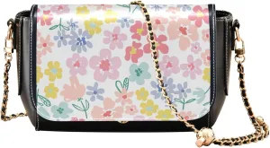 Floral Blue Small Flower Shoulder Leather Bags Black Women Crossbody Bag Purses Trendy Handbag with Chain Strap