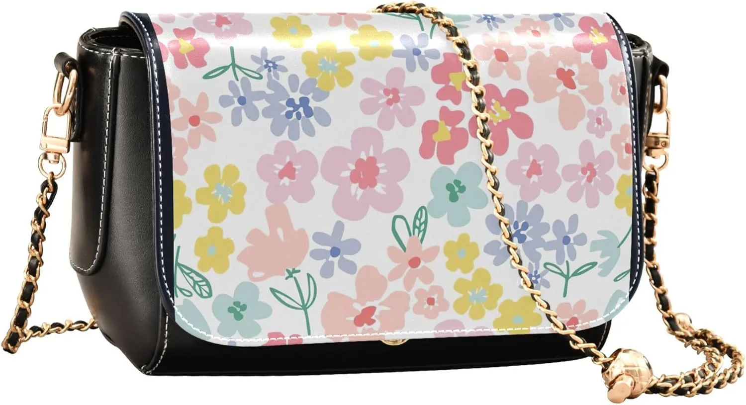 Floral Blue Small Flower Shoulder Leather Bags Black Women Crossbody Bag Purses Trendy Handbag with Chain Strap