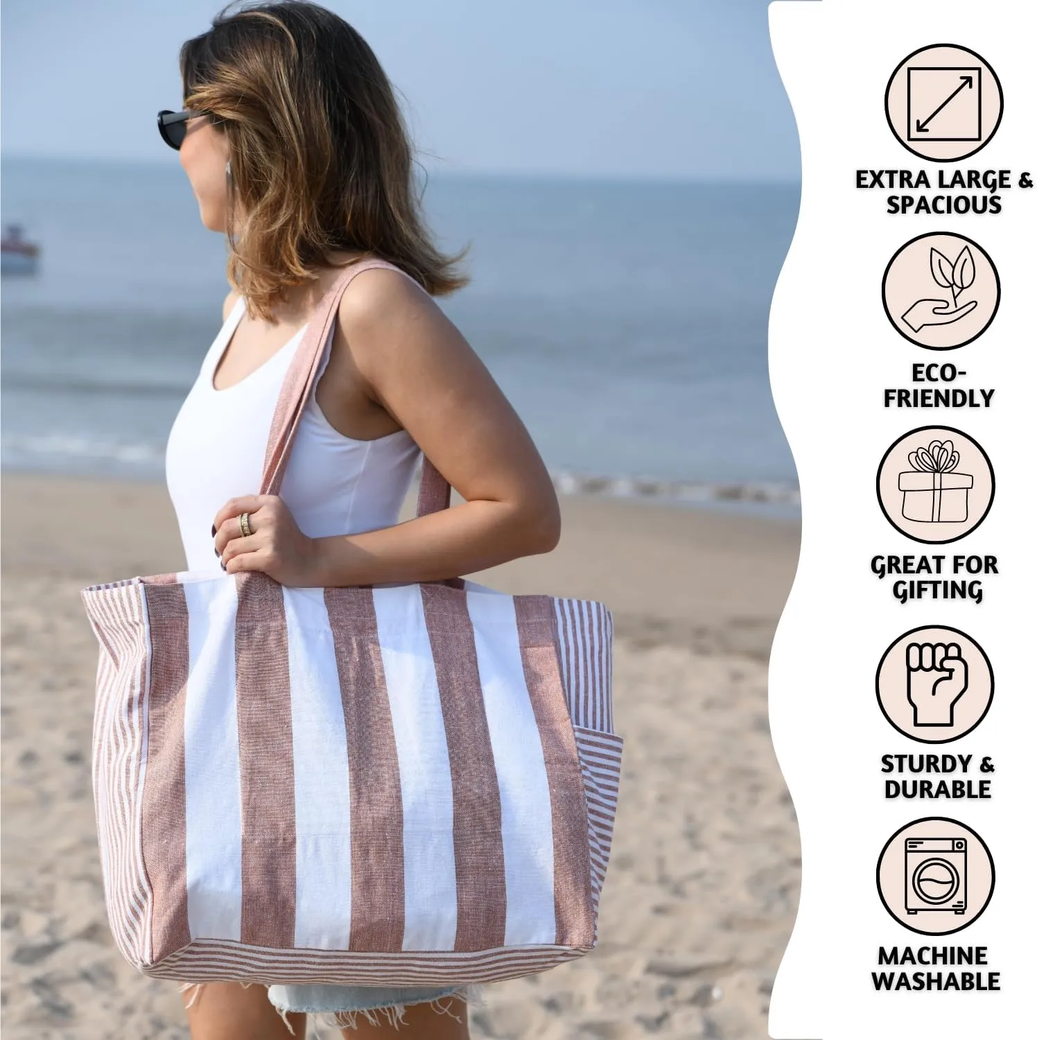 Folkulture Beach Bag for Women | 17 x 14 Inch - 100% Cotton Beach Tote Bag with Zipper Pocket Inside, Large Woven Pool Bag