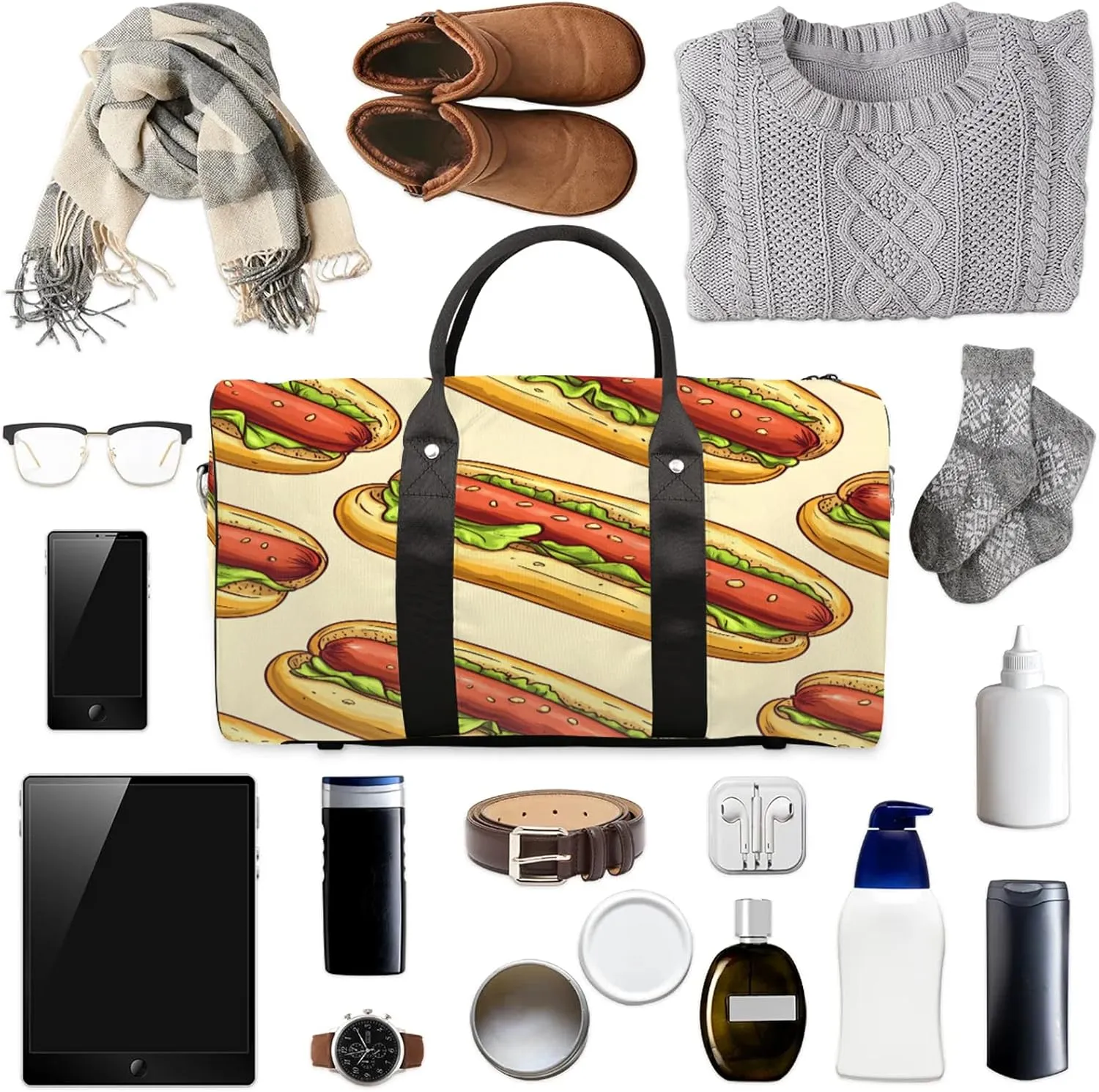 Food Duffle Bag for Travel, Overnight Weekend Gym Carry On Luggage Bag, Hot Dogs Travel Duffel Bag for Men Women
