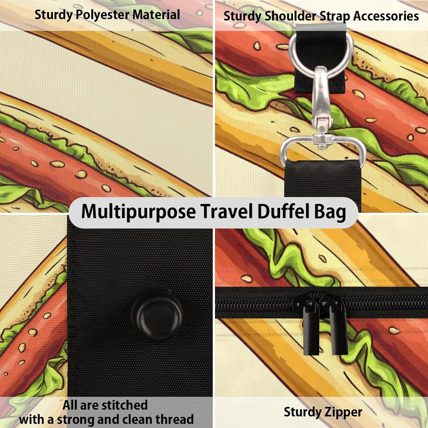 Food Duffle Bag for Travel, Overnight Weekend Gym Carry On Luggage Bag, Hot Dogs Travel Duffel Bag for Men Women