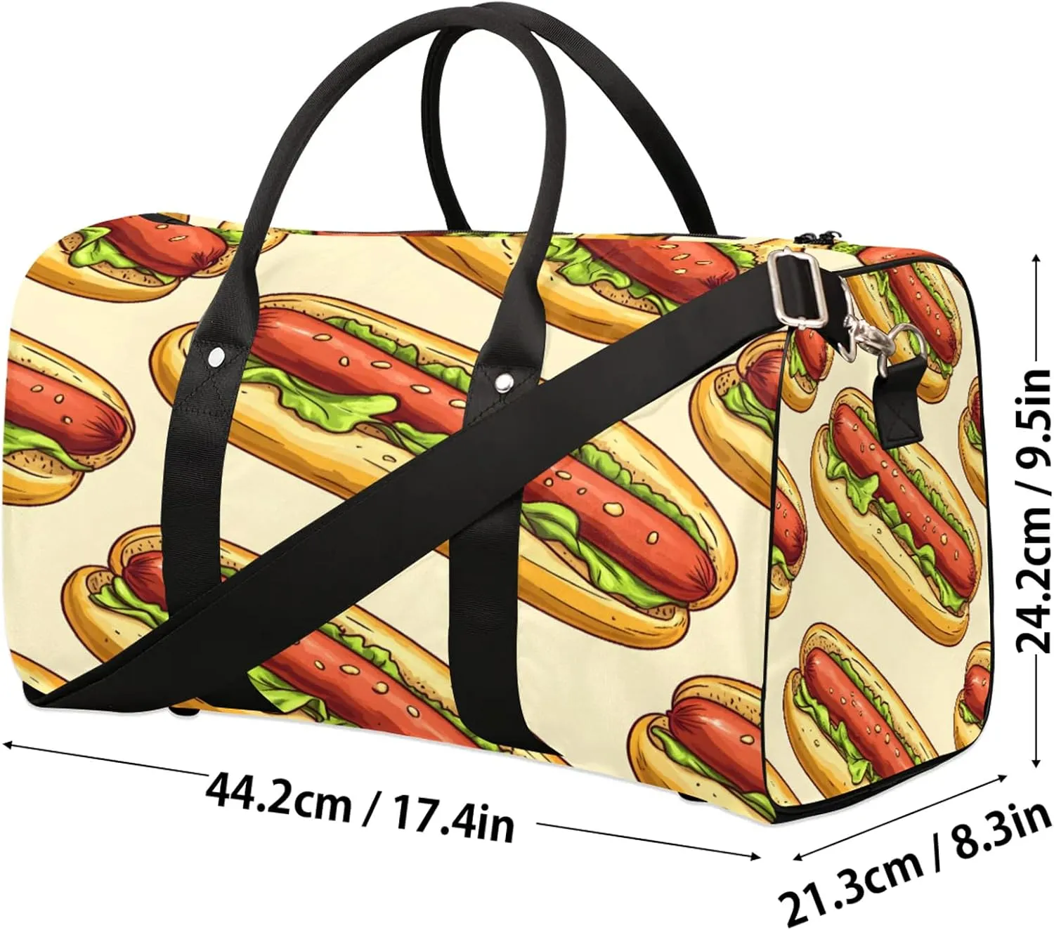 Food Duffle Bag for Travel, Overnight Weekend Gym Carry On Luggage Bag, Hot Dogs Travel Duffel Bag for Men Women
