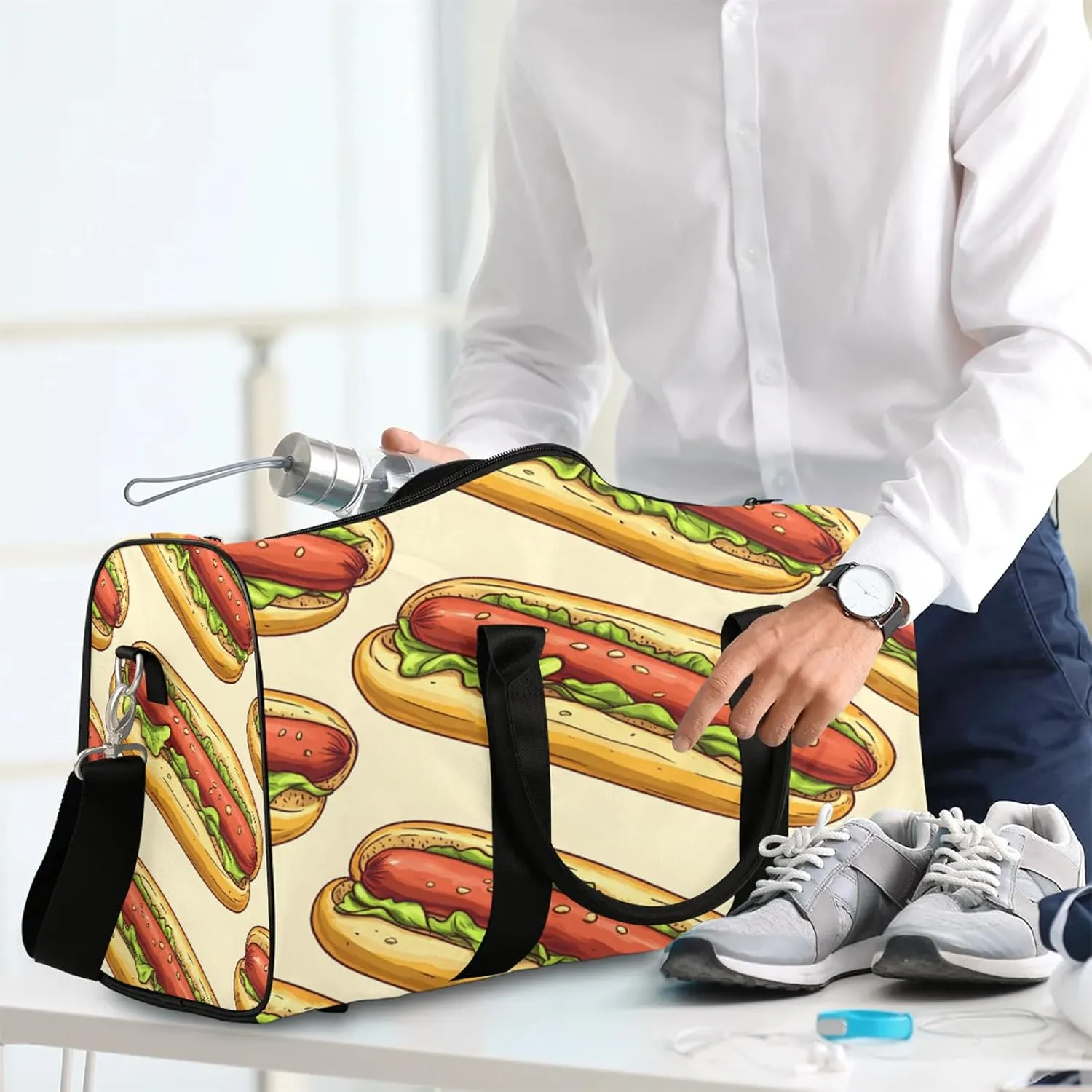 Food Duffle Bag for Travel, Overnight Weekend Gym Carry On Luggage Bag, Hot Dogs Travel Duffel Bag for Men Women