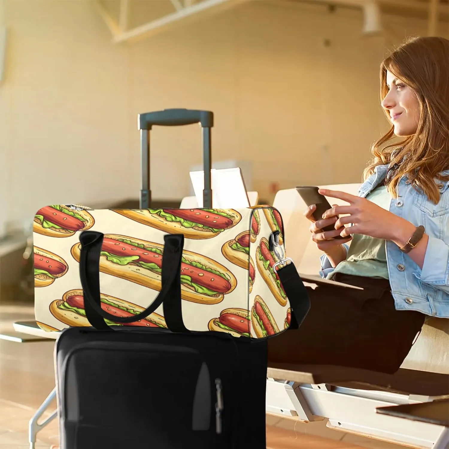Food Duffle Bag for Travel, Overnight Weekend Gym Carry On Luggage Bag, Hot Dogs Travel Duffel Bag for Men Women