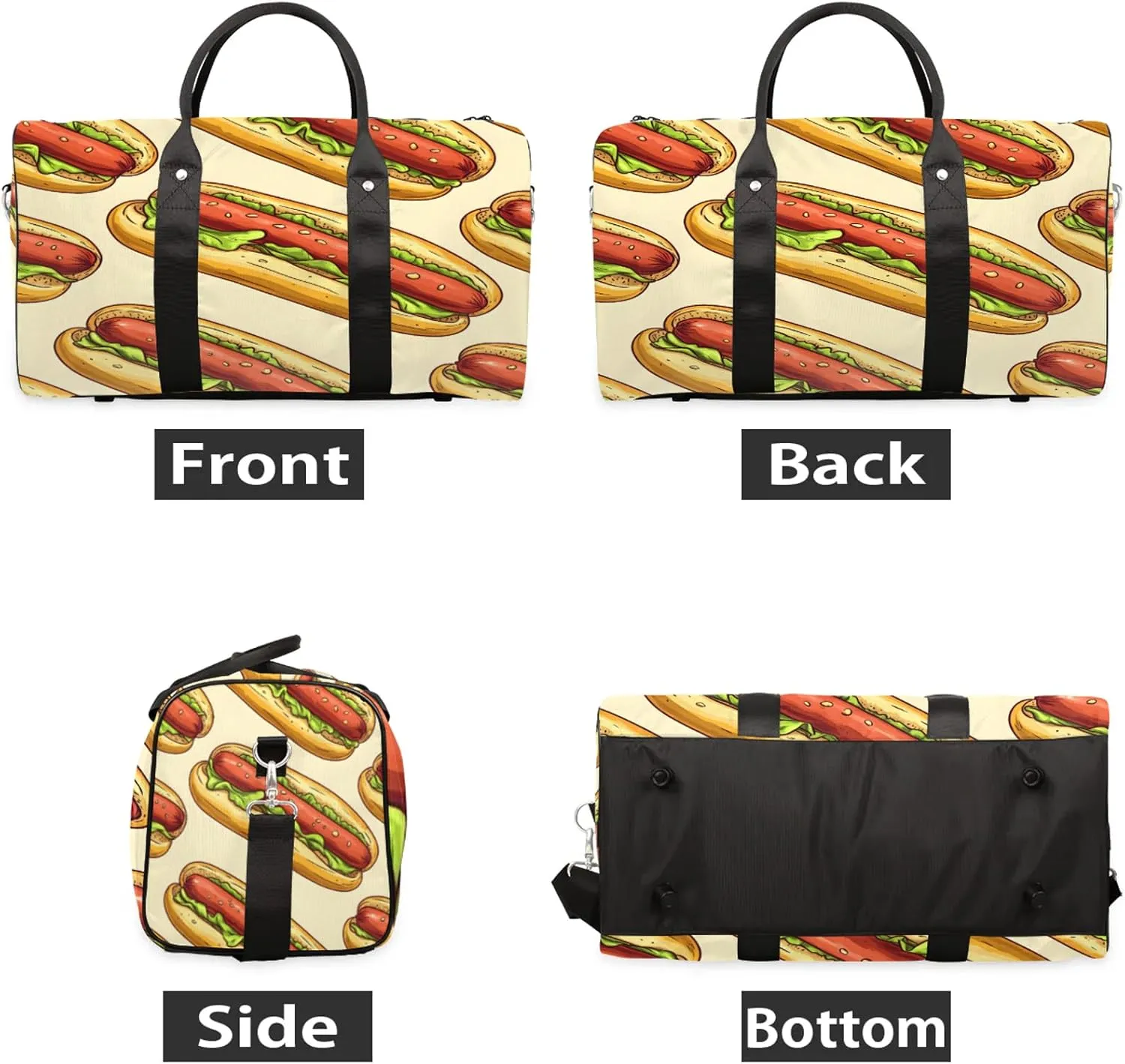 Food Duffle Bag for Travel, Overnight Weekend Gym Carry On Luggage Bag, Hot Dogs Travel Duffel Bag for Men Women