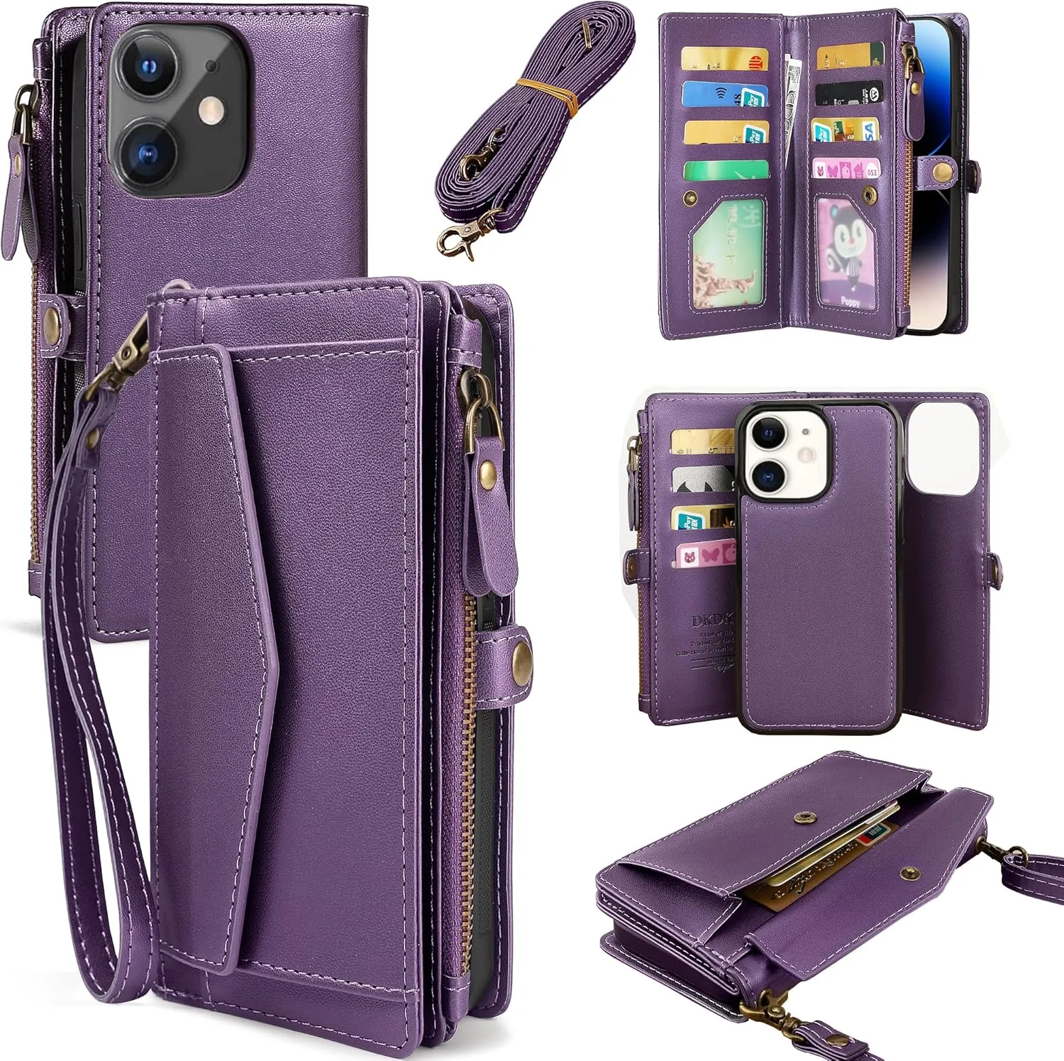 for iPhone 11 Wallet Case for Women, Support Wireless Charging with RFID Blocking Card Holder, PU Leather Zipper Wallet Detachable Magnetic Phone Case with Crossbody Strap, Purple