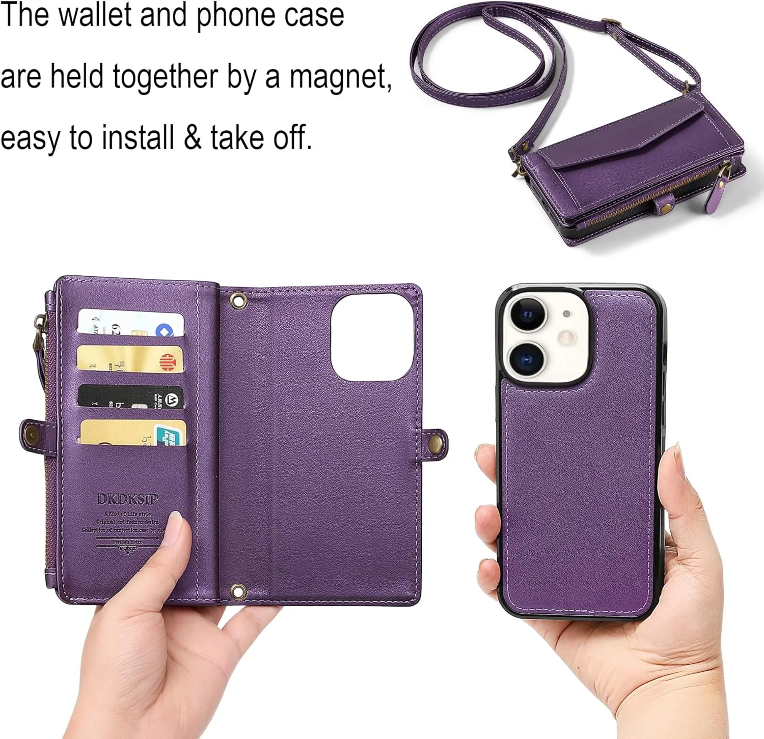 for iPhone 11 Wallet Case for Women, Support Wireless Charging with RFID Blocking Card Holder, PU Leather Zipper Wallet Detachable Magnetic Phone Case with Crossbody Strap, Purple