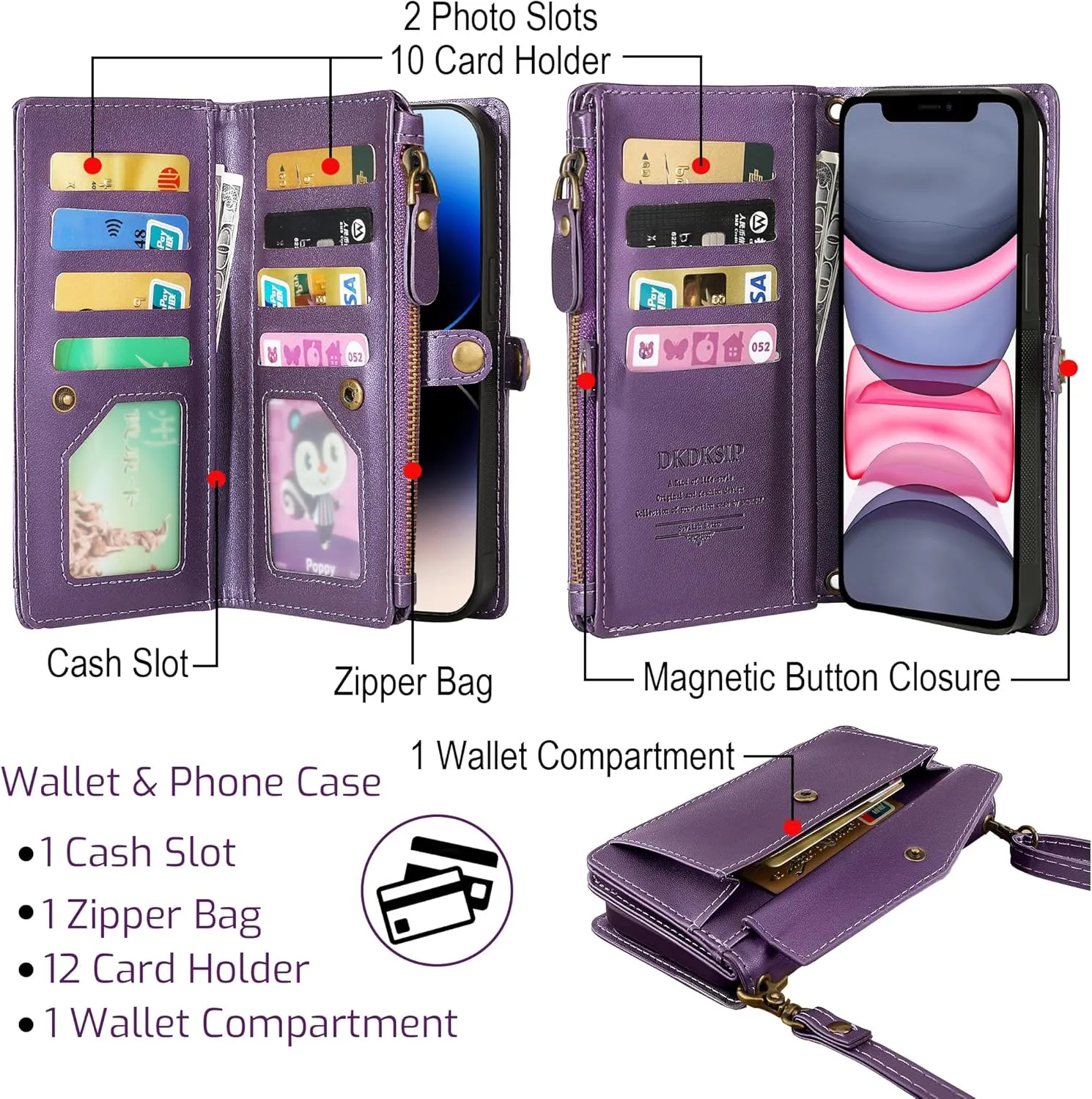 for iPhone 11 Wallet Case for Women, Support Wireless Charging with RFID Blocking Card Holder, PU Leather Zipper Wallet Detachable Magnetic Phone Case with Crossbody Strap, Purple