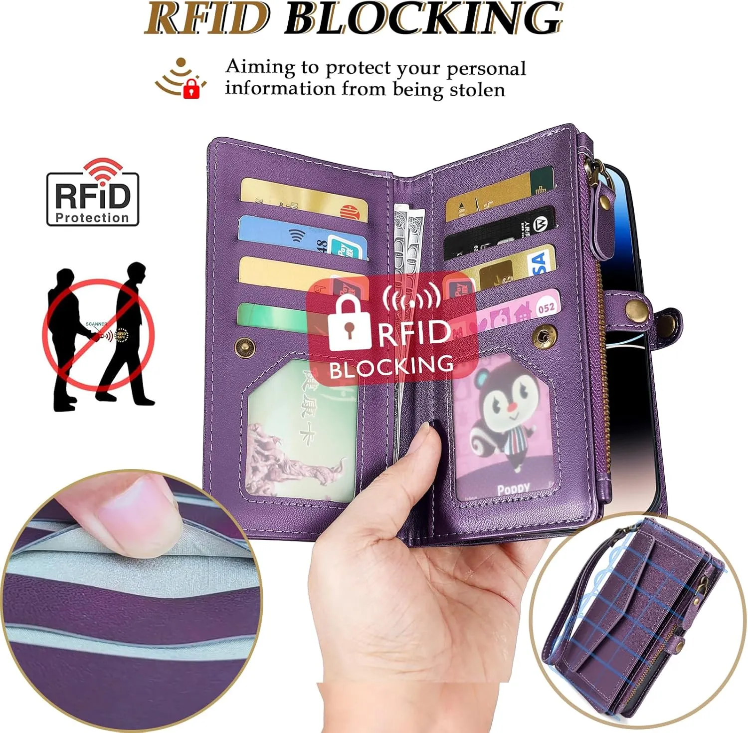 for iPhone 11 Wallet Case for Women, Support Wireless Charging with RFID Blocking Card Holder, PU Leather Zipper Wallet Detachable Magnetic Phone Case with Crossbody Strap, Purple