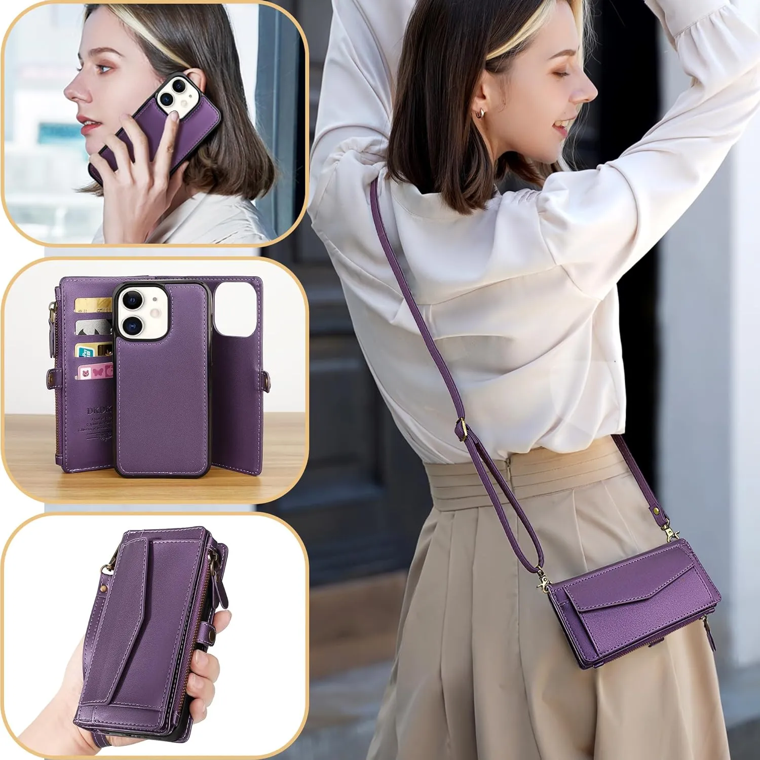 for iPhone 11 Wallet Case for Women, Support Wireless Charging with RFID Blocking Card Holder, PU Leather Zipper Wallet Detachable Magnetic Phone Case with Crossbody Strap, Purple
