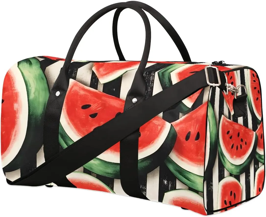 Fruits Watermelon Stripe Travel Duffel Bag for Women Men Waterproof Foldable Overnight Weekender Bag Large Capacity Sports Gym Bag