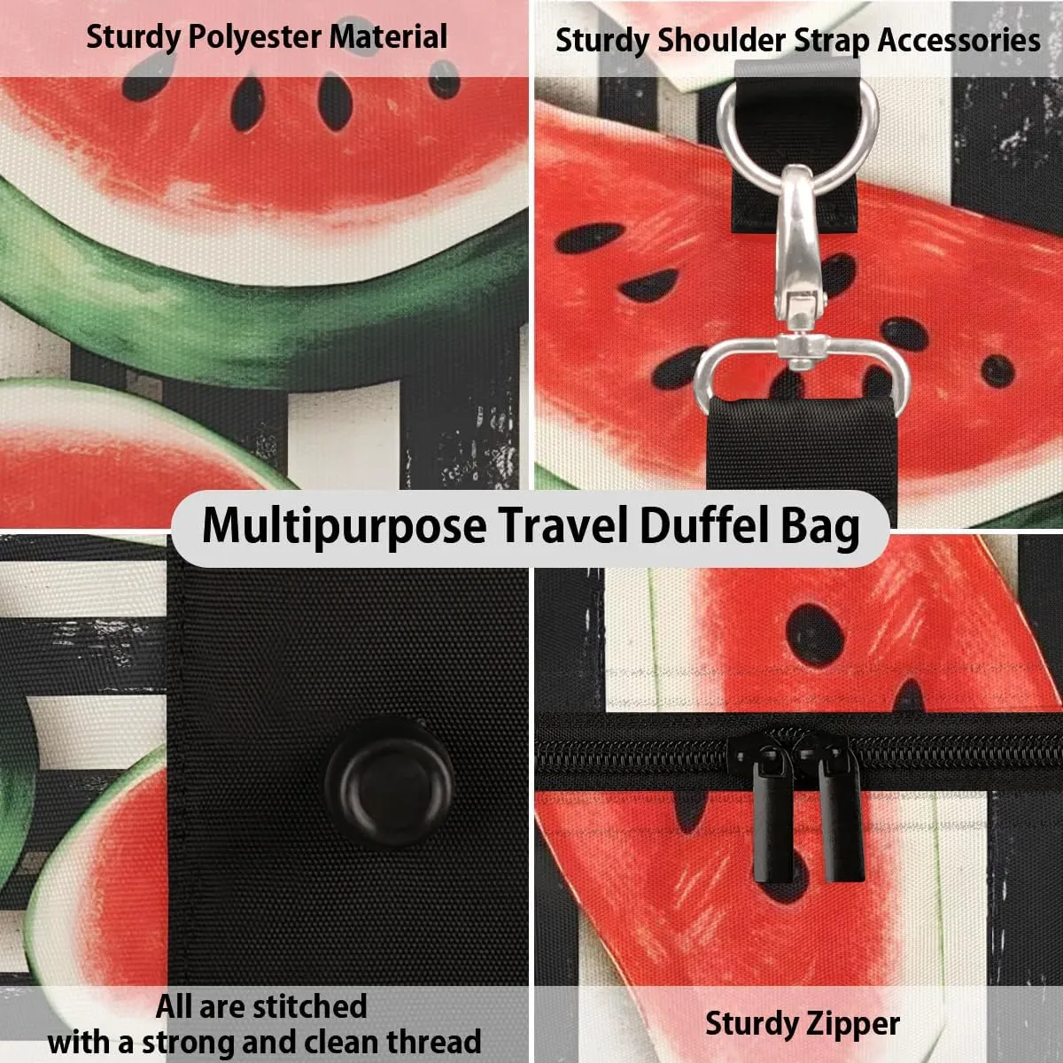 Fruits Watermelon Stripe Travel Duffel Bag for Women Men Waterproof Foldable Overnight Weekender Bag Large Capacity Sports Gym Bag