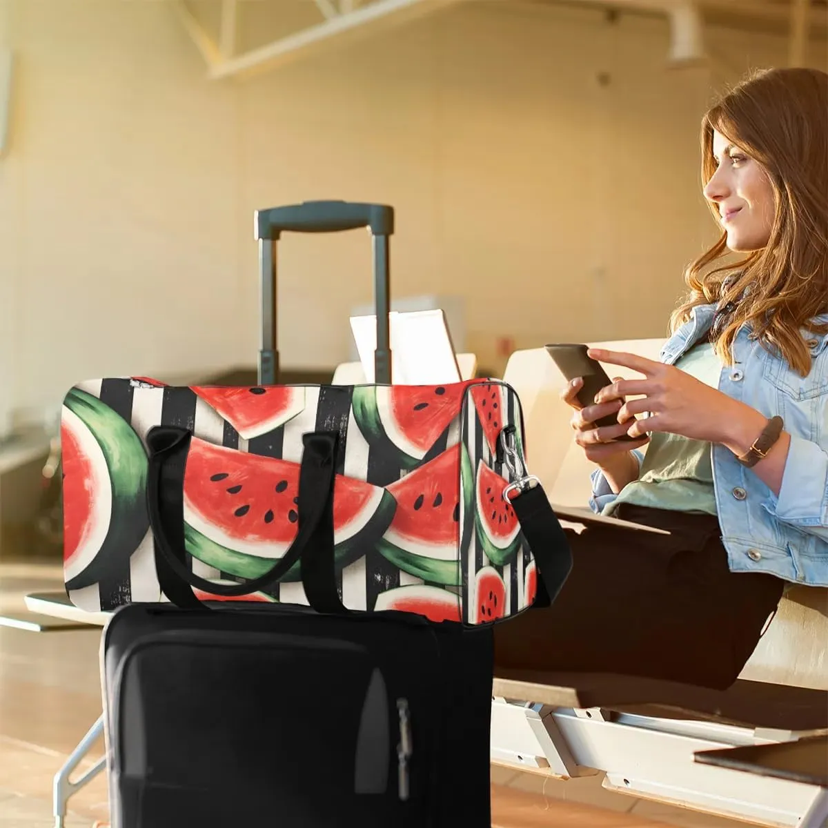Fruits Watermelon Stripe Travel Duffel Bag for Women Men Waterproof Foldable Overnight Weekender Bag Large Capacity Sports Gym Bag