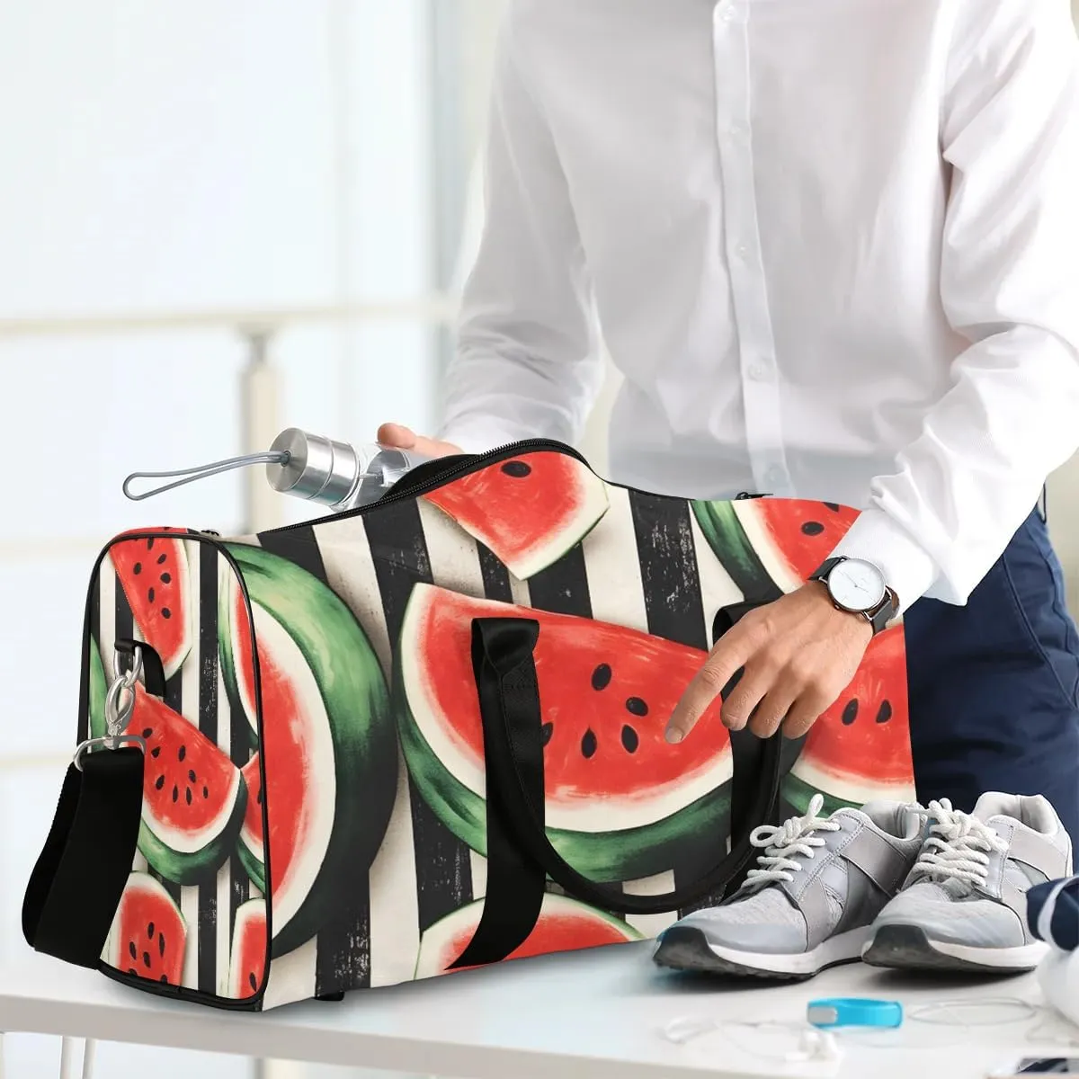 Fruits Watermelon Stripe Travel Duffel Bag for Women Men Waterproof Foldable Overnight Weekender Bag Large Capacity Sports Gym Bag