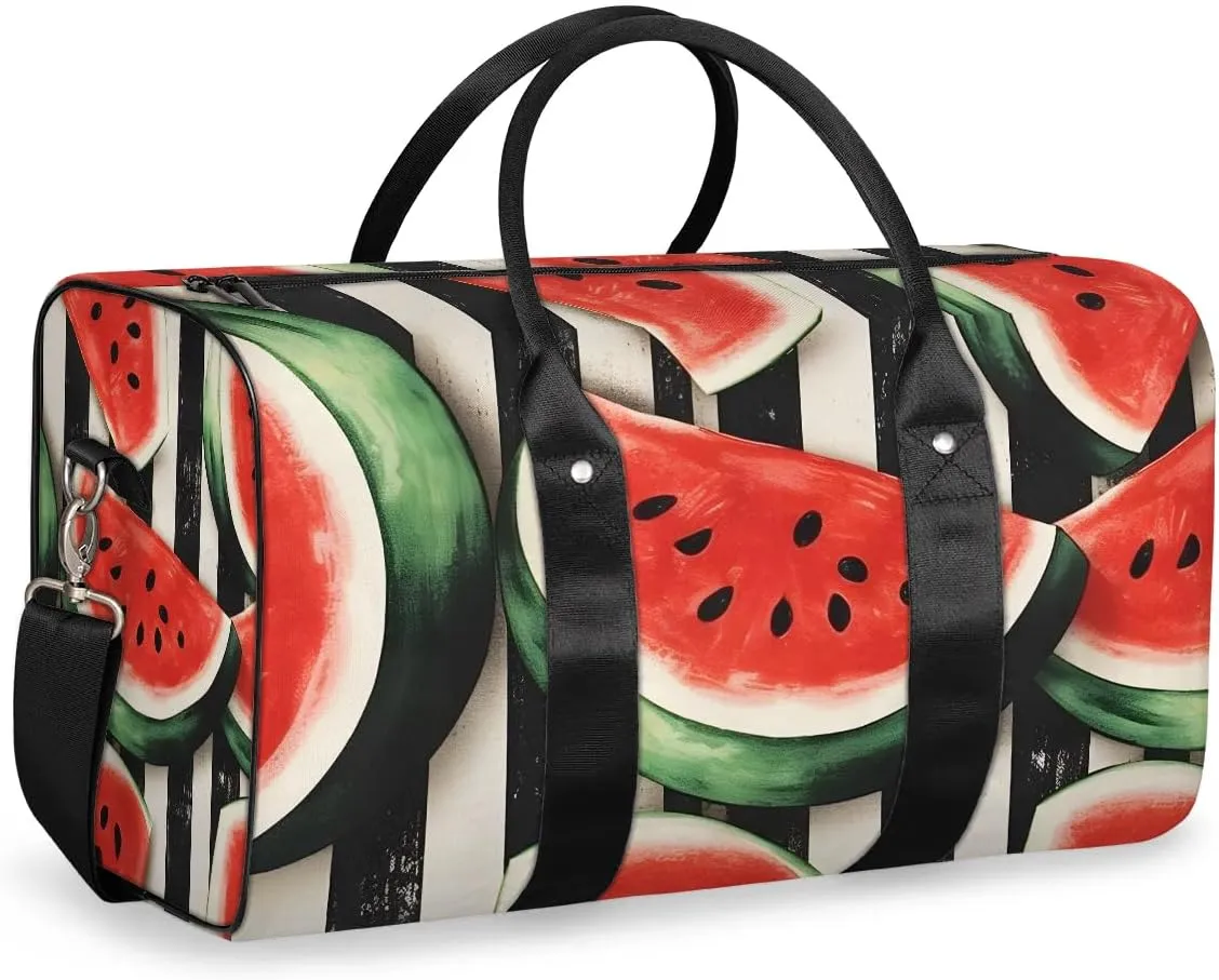 Fruits Watermelon Stripe Travel Duffel Bag for Women Men Waterproof Foldable Overnight Weekender Bag Large Capacity Sports Gym Bag