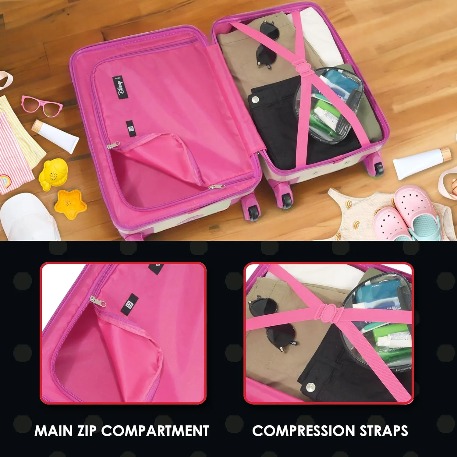 FUL Disney Minnie Mouse Kids Carry On Luggage, Hardshell Rolling Suitcase with Spinner Wheels, Pink, 21 x 13.5 x 8.5 inches