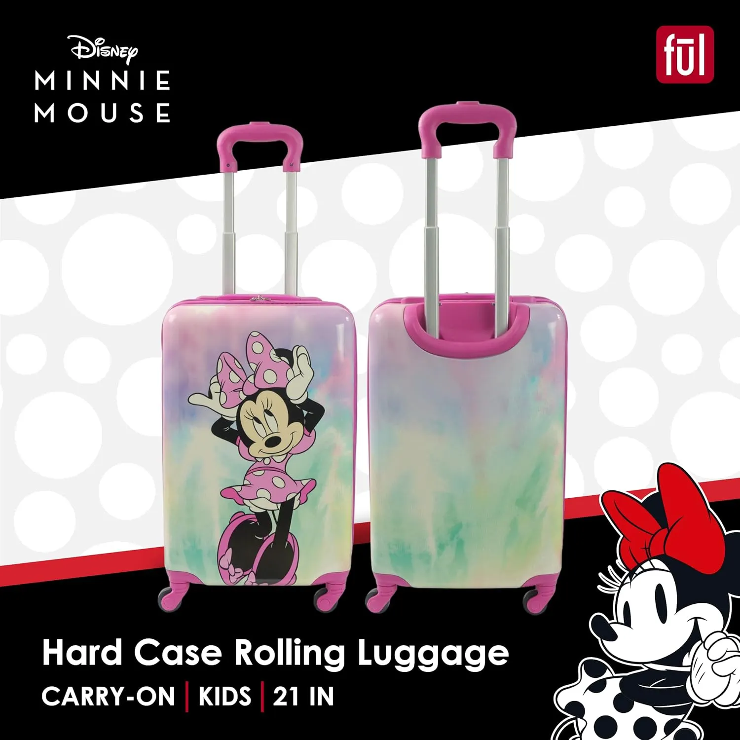 FUL Disney Minnie Mouse Kids Carry On Luggage, Hardshell Rolling Suitcase with Spinner Wheels, Pink, 21 x 13.5 x 8.5 inches