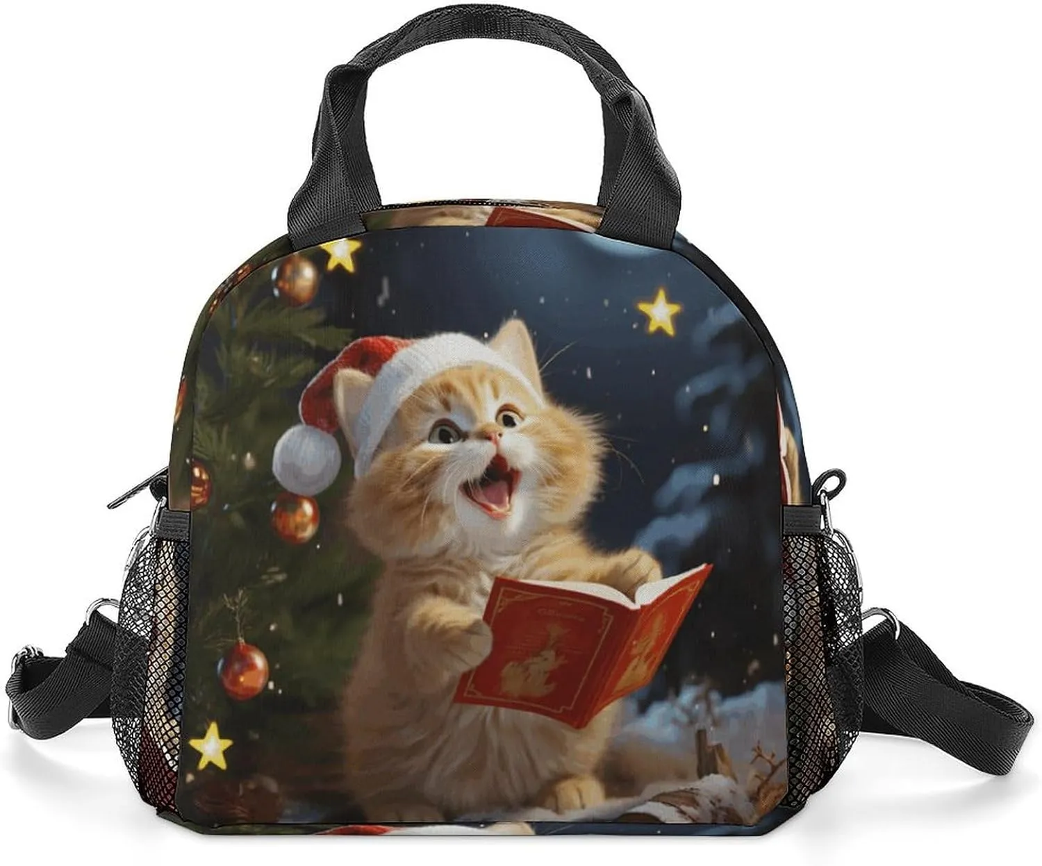 Fully Printed Lunch Bag,Cute Cat Sing Christmas Carols Print Simple Lunch Bag,casual Lunch Bag,single Shoulder Messenger Lunch Bag