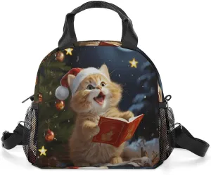 Fully Printed Lunch Bag,Cute Cat Sing Christmas Carols Print Simple Lunch Bag,casual Lunch Bag,single Shoulder Messenger Lunch Bag