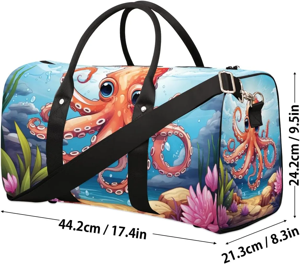 Fun Orange Octopus Travel Duffel Bag for Women Men Waterproof Foldable Overnight Weekender Bag Large Capacity Sports Gym Bag