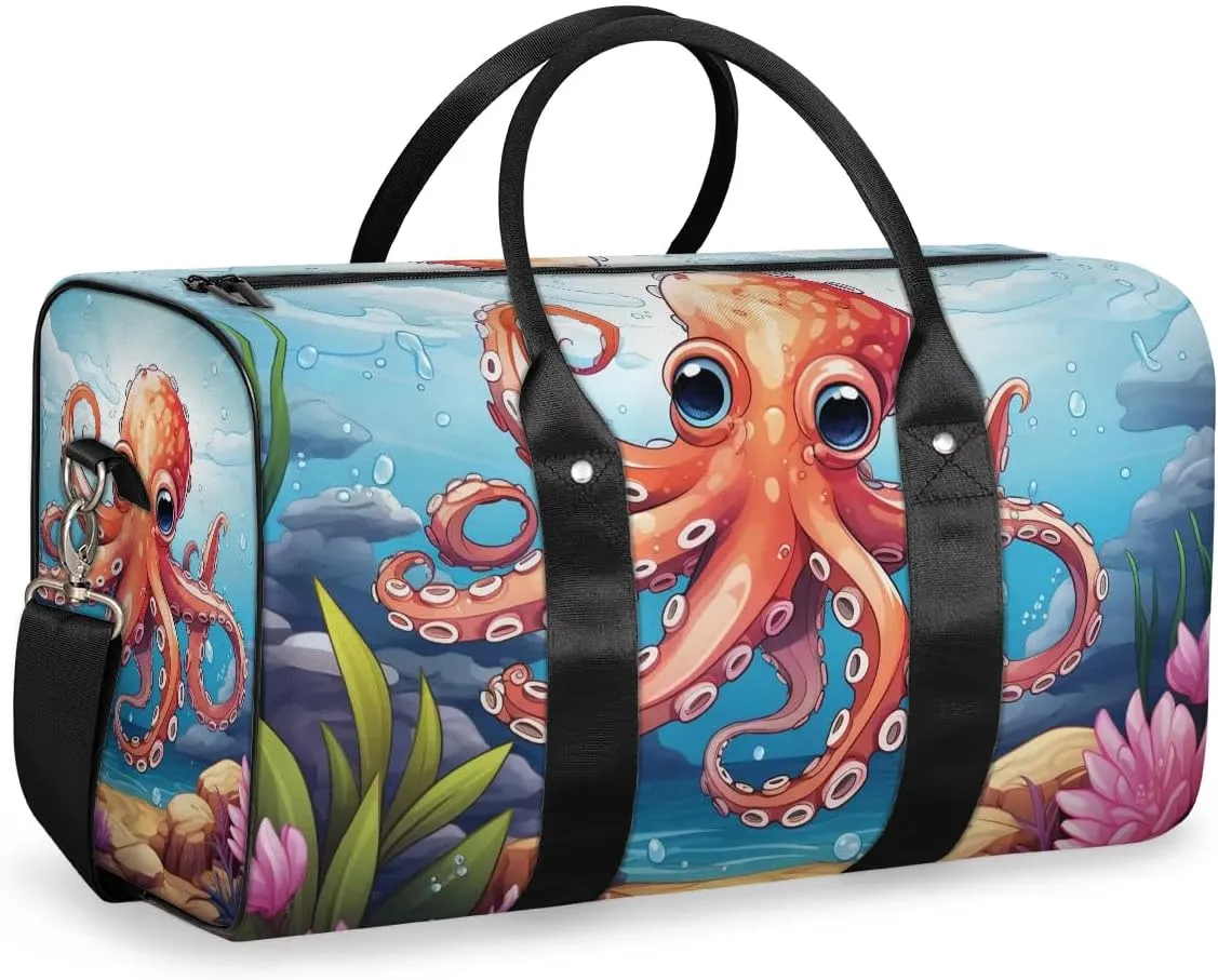 Fun Orange Octopus Travel Duffel Bag for Women Men Waterproof Foldable Overnight Weekender Bag Large Capacity Sports Gym Bag