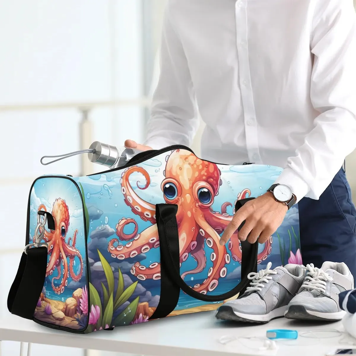 Fun Orange Octopus Travel Duffel Bag for Women Men Waterproof Foldable Overnight Weekender Bag Large Capacity Sports Gym Bag
