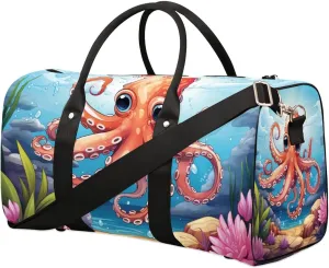 Fun Orange Octopus Travel Duffel Bag for Women Men Waterproof Foldable Overnight Weekender Bag Large Capacity Sports Gym Bag