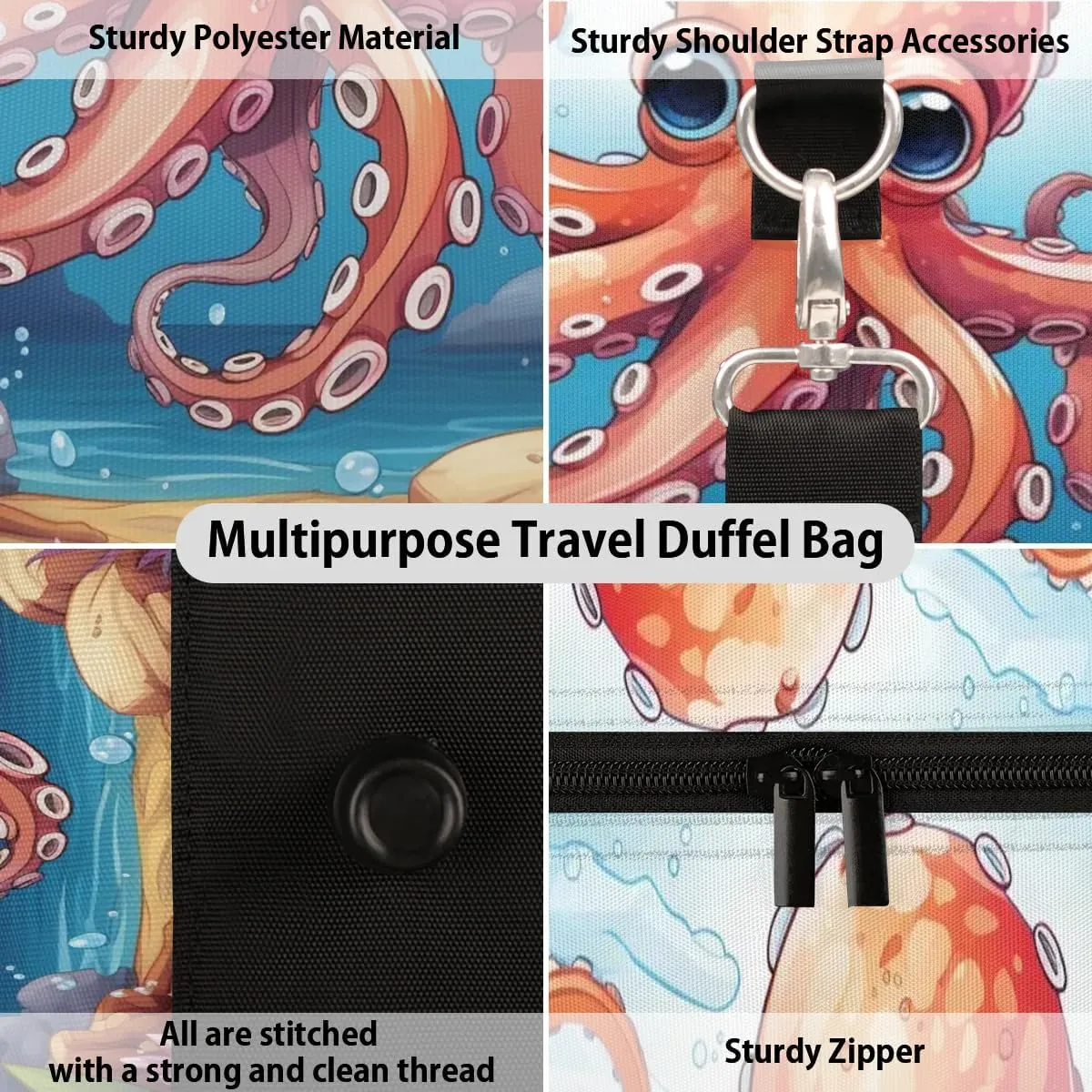 Fun Orange Octopus Travel Duffel Bag for Women Men Waterproof Foldable Overnight Weekender Bag Large Capacity Sports Gym Bag