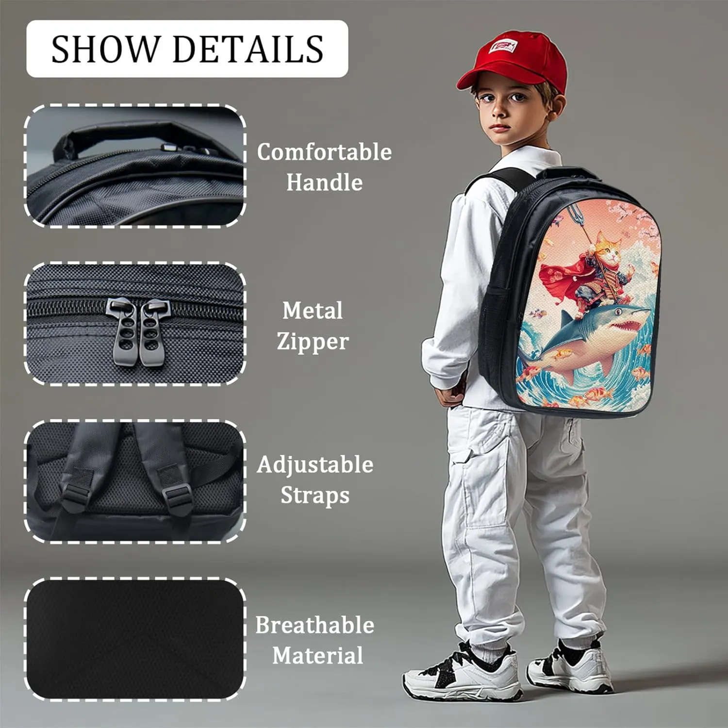 Funny Cat Backpack Set for Boys Girls 3PCS Cool Shark School Bag with Lunch Box Pencil Case Kids Backpacks Toddler Elementary Bookbag 16 Inch