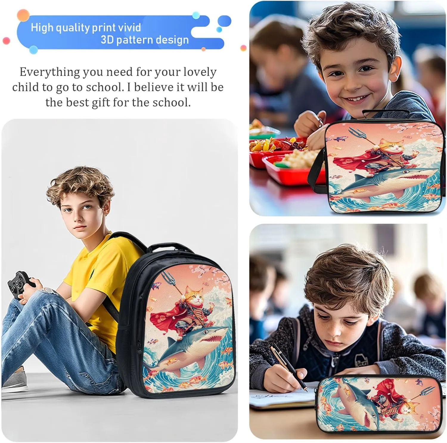 Funny Cat Backpack Set for Boys Girls 3PCS Cool Shark School Bag with Lunch Box Pencil Case Kids Backpacks Toddler Elementary Bookbag 16 Inch