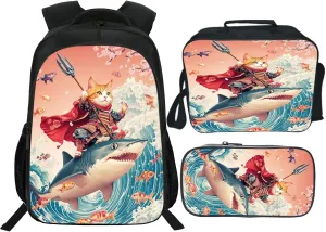 Funny Cat Backpack Set for Boys Girls 3PCS Cool Shark School Bag with Lunch Box Pencil Case Kids Backpacks Toddler Elementary Bookbag 16 Inch