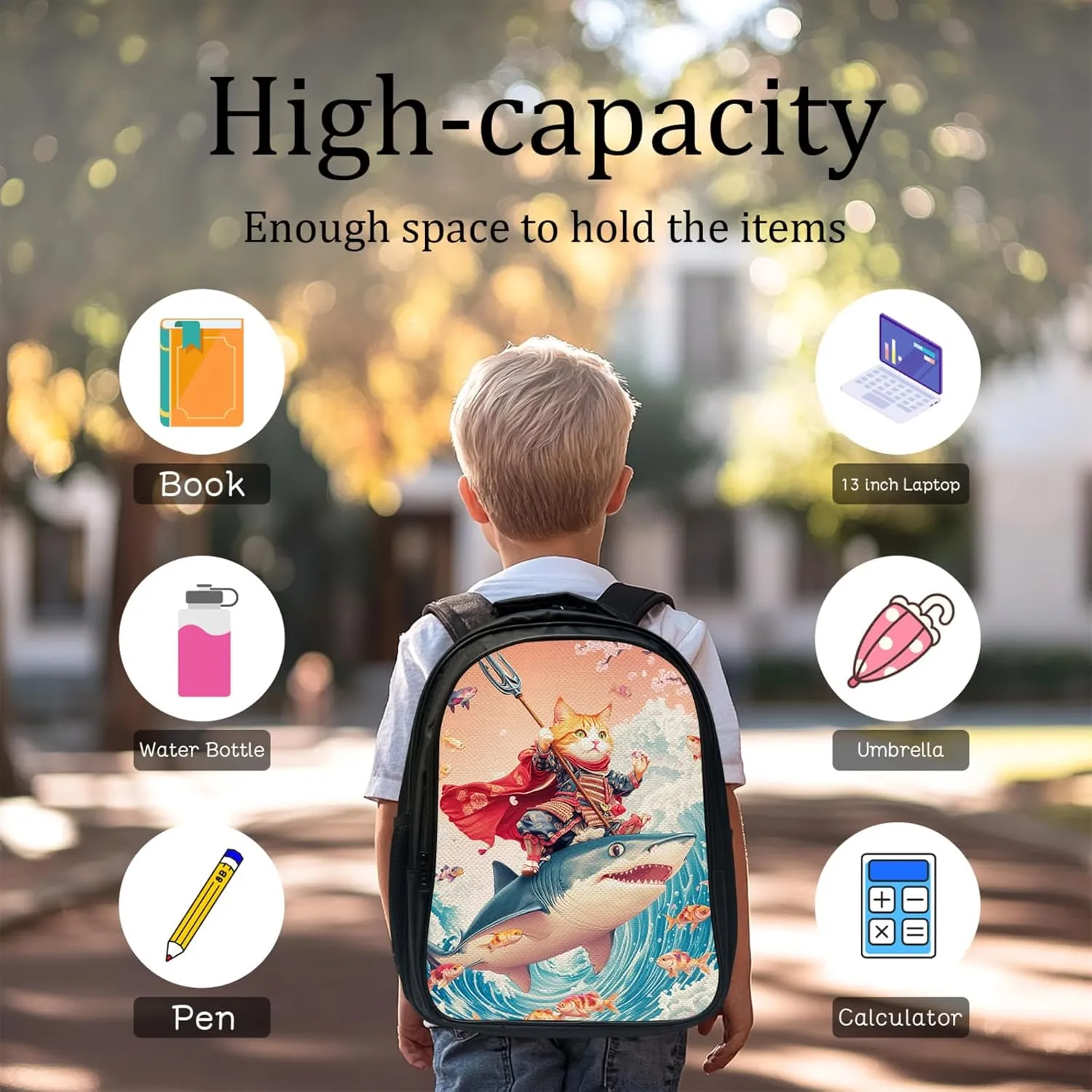 Funny Cat Backpack Set for Boys Girls 3PCS Cool Shark School Bag with Lunch Box Pencil Case Kids Backpacks Toddler Elementary Bookbag 16 Inch