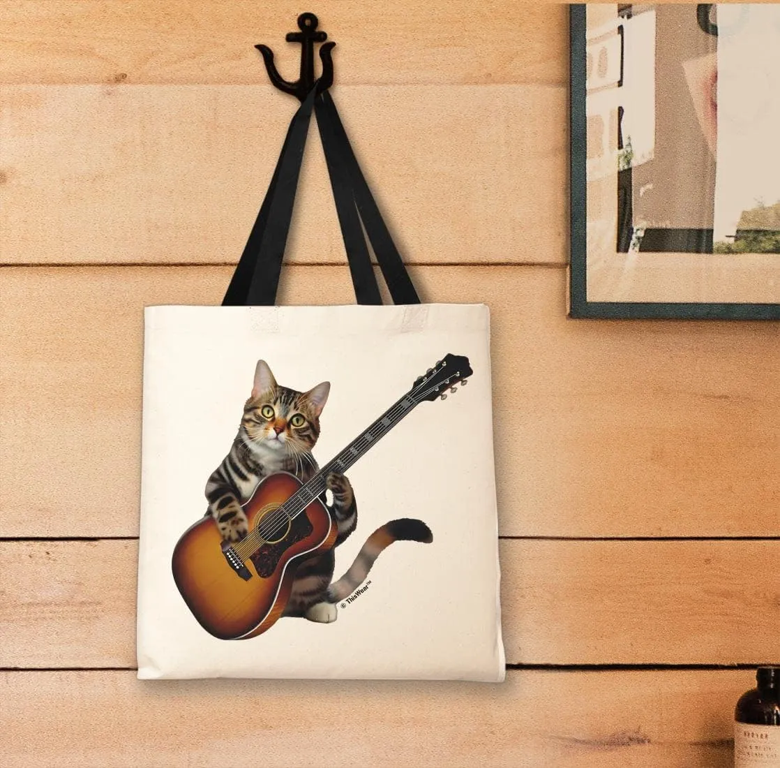 Funny Cat In Pajamas Playing Piano Guitar or Drums Canvas Tote Bag