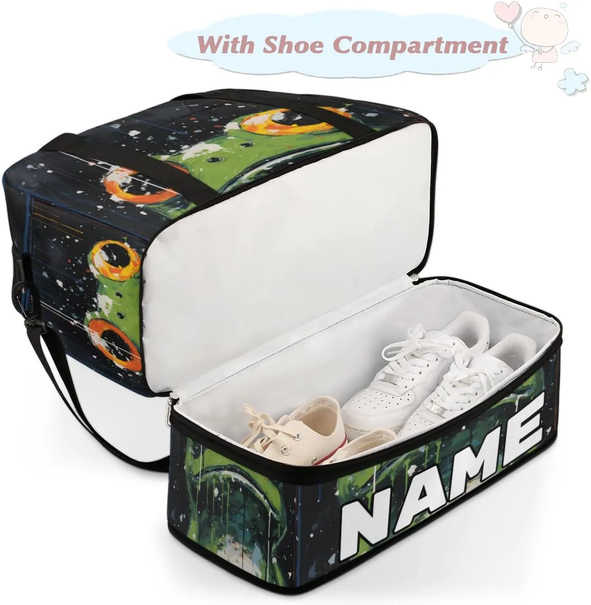 Funny Frogs Pattern Print Custom Foldable Duffle Bag with Shoes Compartment Personalized Large Capacity Waterproof Travel Weekender Bag Overnight Bag for Sports Gym