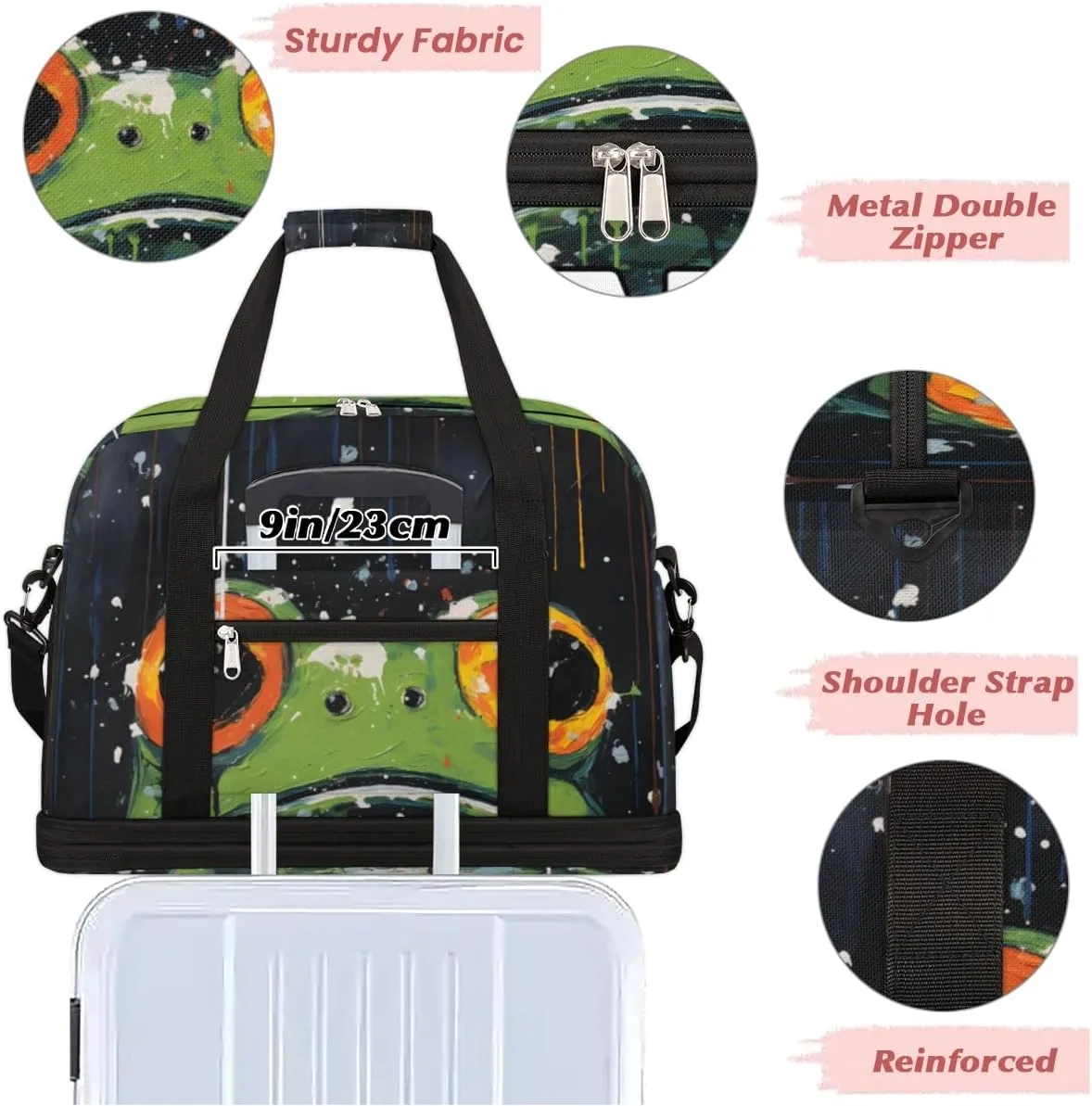 Funny Frogs Pattern Print Custom Foldable Duffle Bag with Shoes Compartment Personalized Large Capacity Waterproof Travel Weekender Bag Overnight Bag for Sports Gym