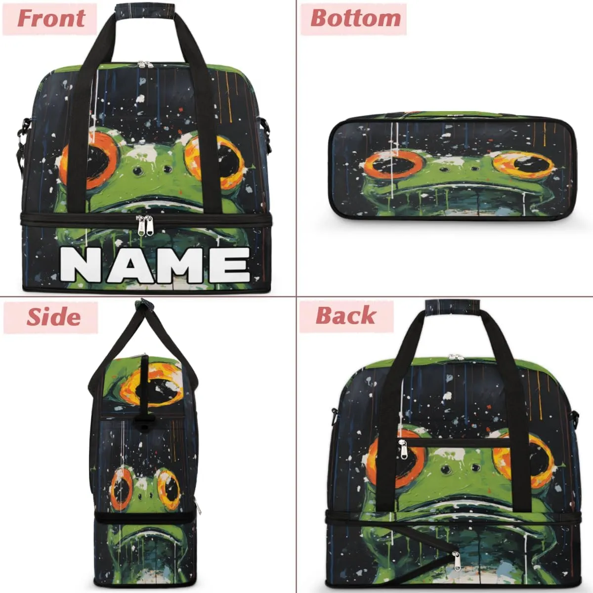 Funny Frogs Pattern Print Custom Foldable Duffle Bag with Shoes Compartment Personalized Large Capacity Waterproof Travel Weekender Bag Overnight Bag for Sports Gym