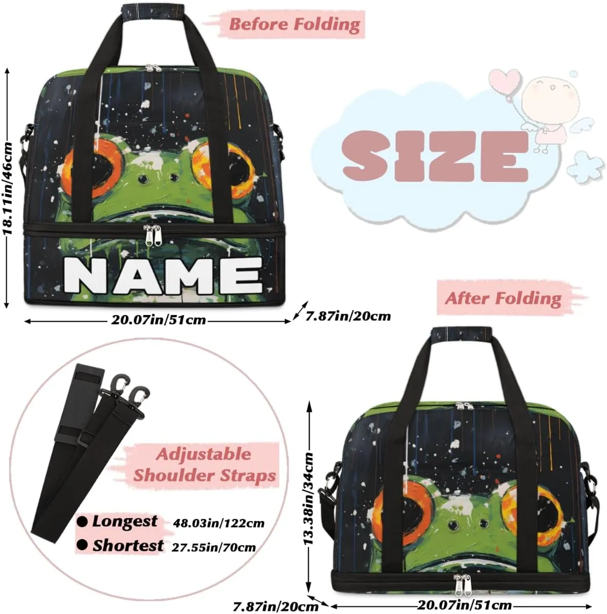 Funny Frogs Pattern Print Custom Foldable Duffle Bag with Shoes Compartment Personalized Large Capacity Waterproof Travel Weekender Bag Overnight Bag for Sports Gym