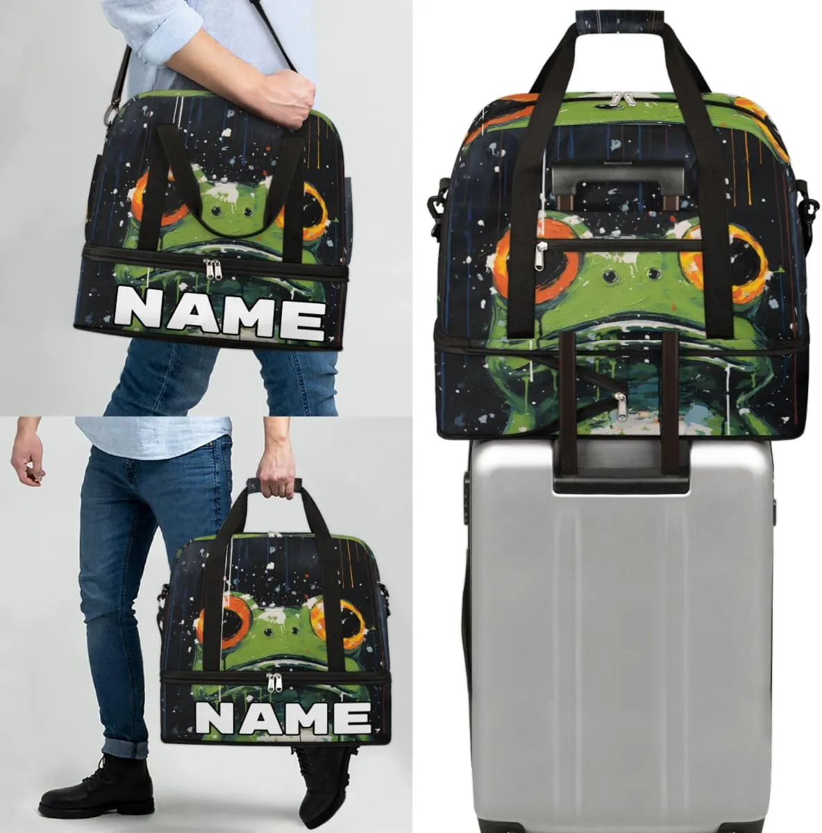 Funny Frogs Pattern Print Custom Foldable Duffle Bag with Shoes Compartment Personalized Large Capacity Waterproof Travel Weekender Bag Overnight Bag for Sports Gym
