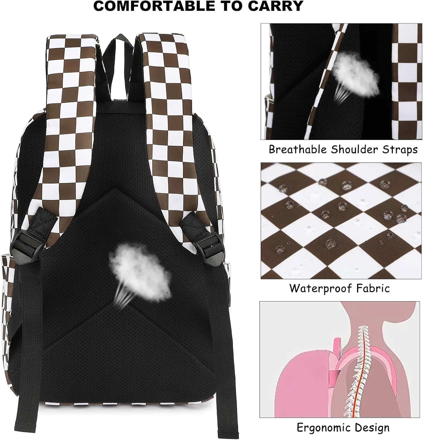 Fuyicat Checkered School Backpack for Girls, Kids Teens Elementary Middle School Bag Women College Bookbag Laptop Backpacks (Brown)