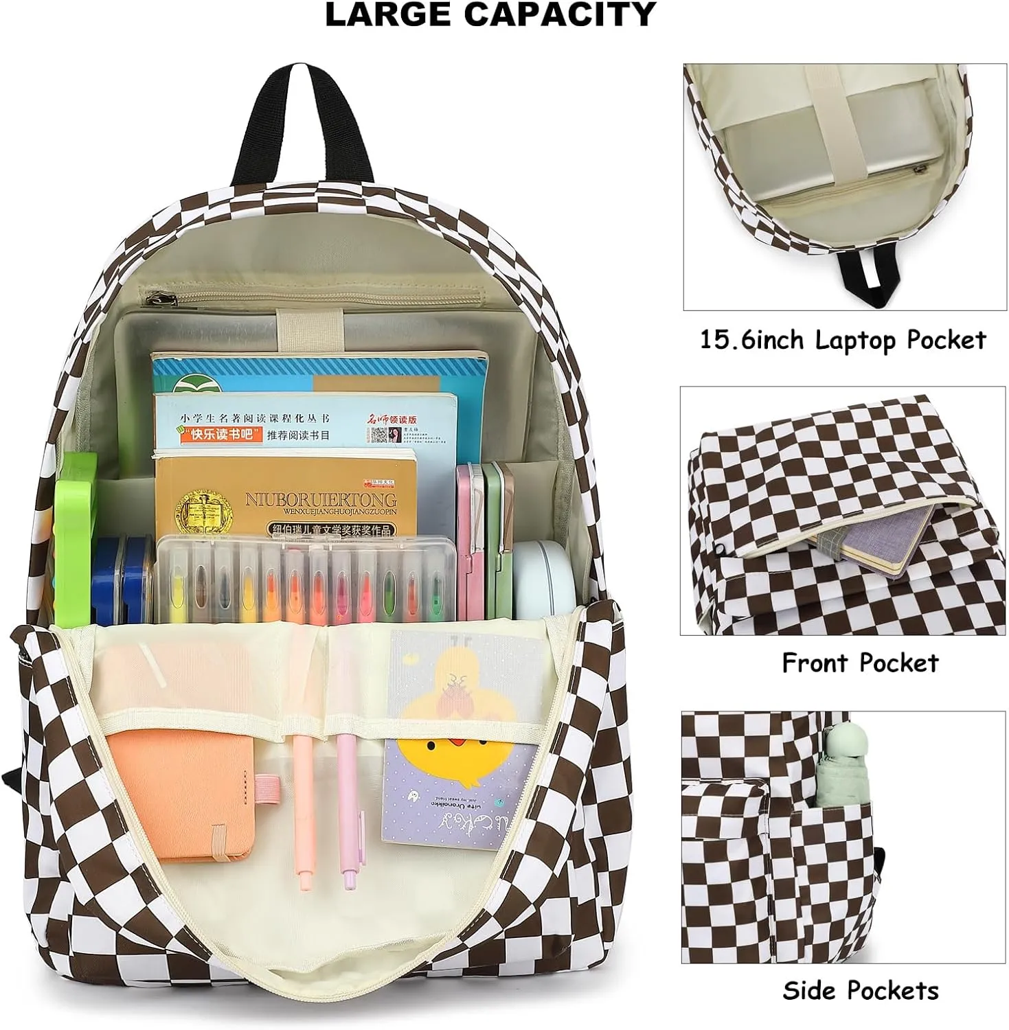 Fuyicat Checkered School Backpack for Girls, Kids Teens Elementary Middle School Bag Women College Bookbag Laptop Backpacks (Brown)