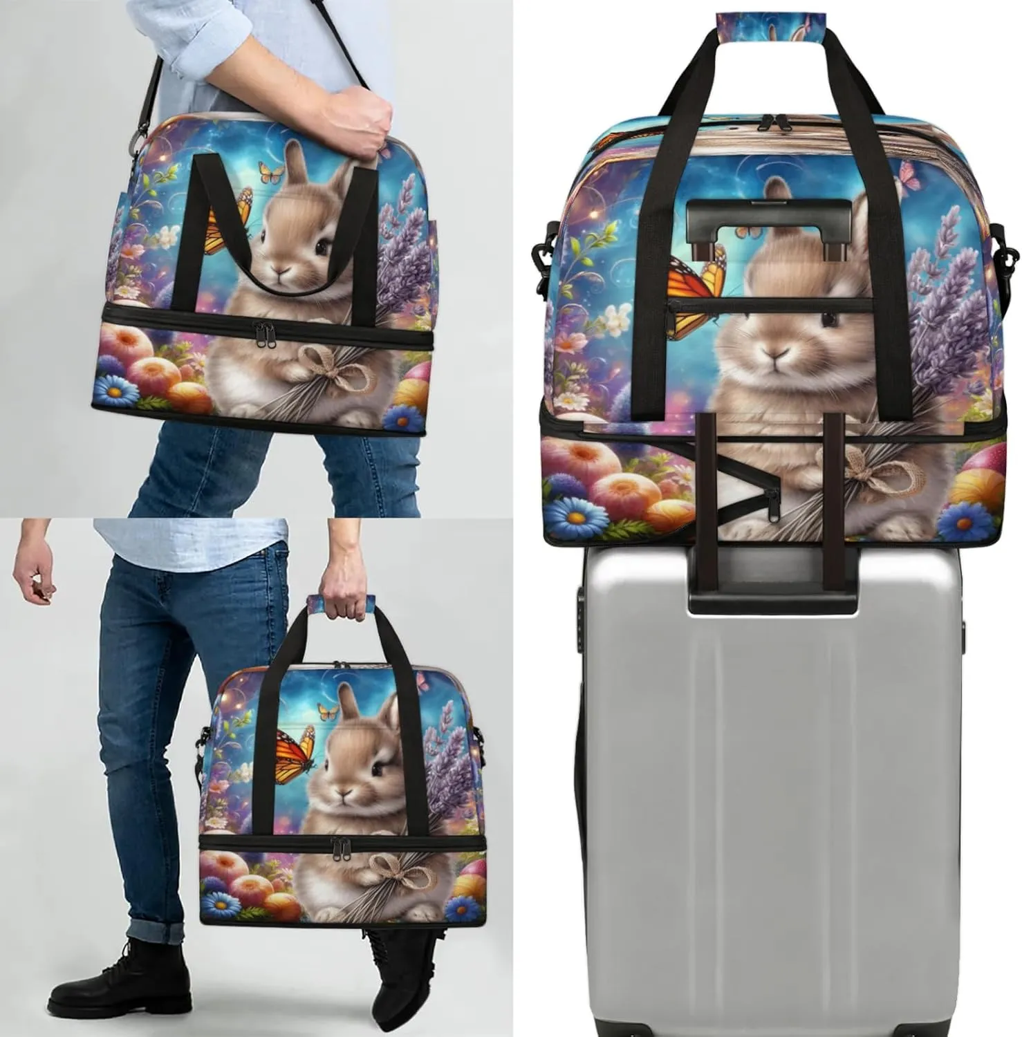 Galaxy Animal Rabbit Travel Duffel Bags for Women & Men Large Sports Gym Bags Foldie Weekender Overnight Bag Carry On Tote Bag With Shoe Compartment Personal Item Luggage for Travel Sports Gym