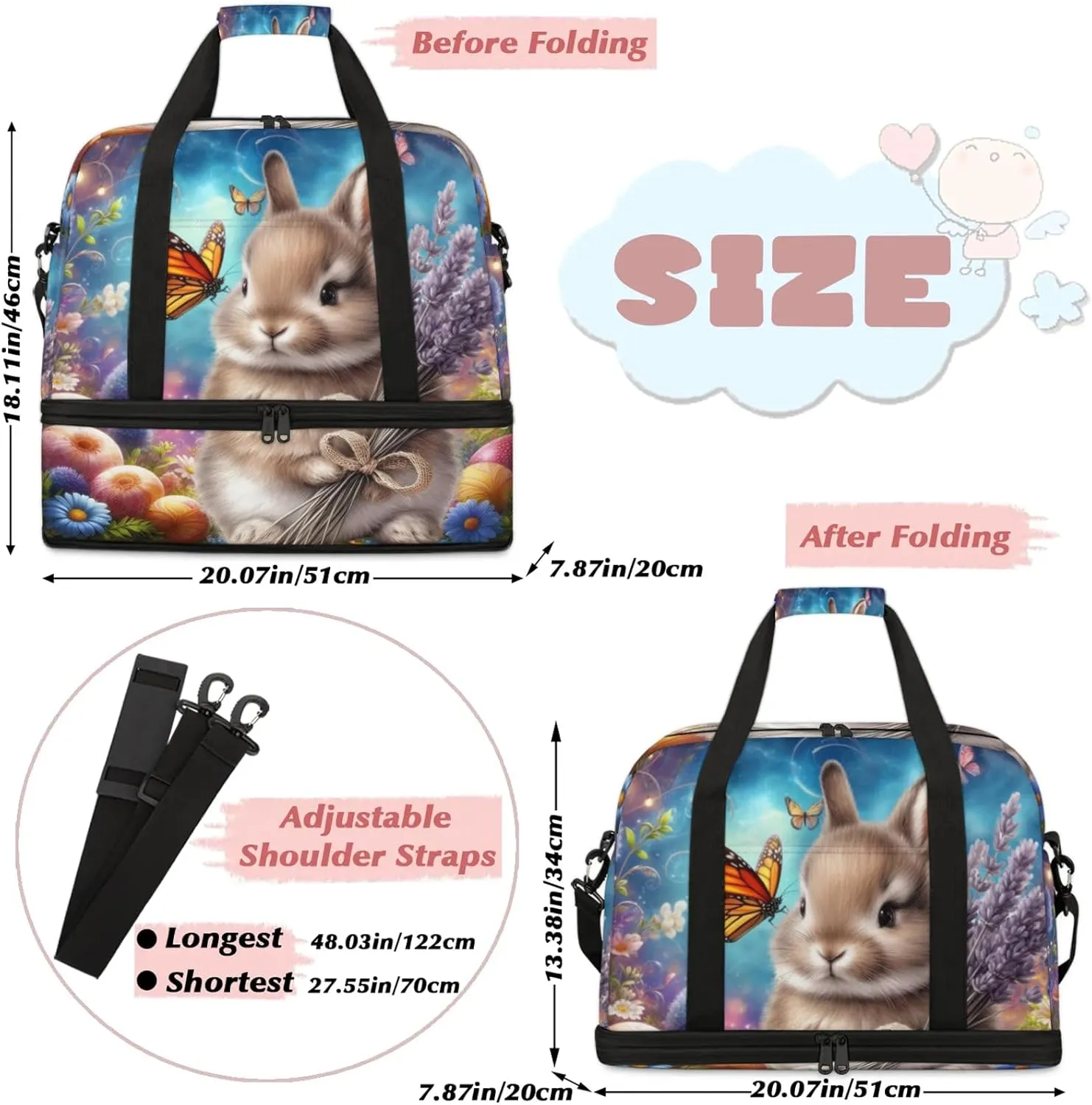 Galaxy Animal Rabbit Travel Duffel Bags for Women & Men Large Sports Gym Bags Foldie Weekender Overnight Bag Carry On Tote Bag With Shoe Compartment Personal Item Luggage for Travel Sports Gym