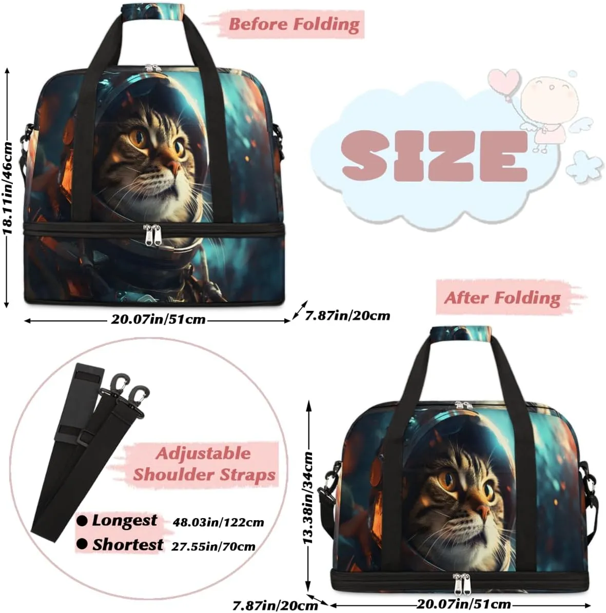 Galaxy Cat Printed Foldable Travel Duffel Bag Overnight Weekender Bag with Shoes Compartment Sports Gym Bag for Men Women