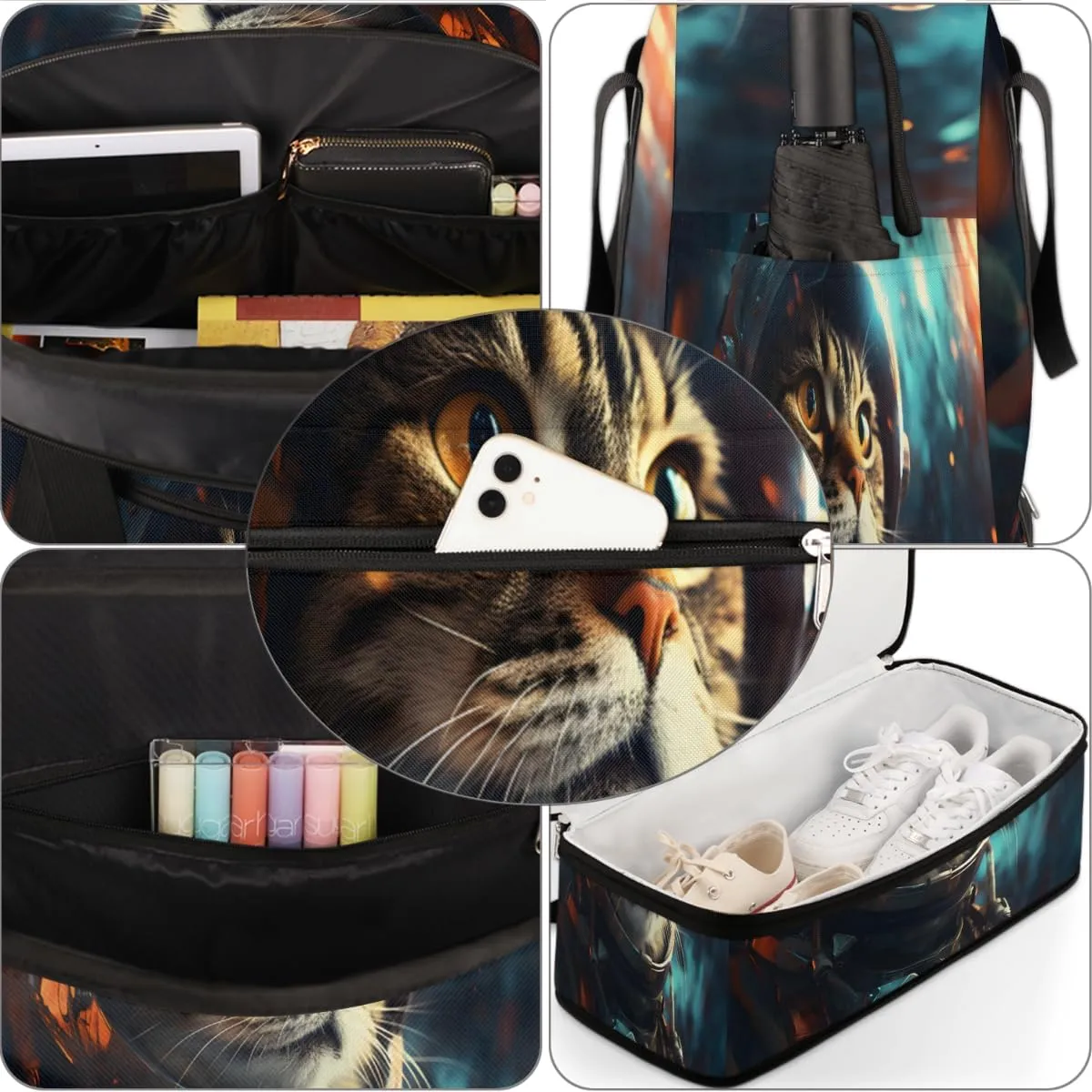 Galaxy Cat Printed Foldable Travel Duffel Bag Overnight Weekender Bag with Shoes Compartment Sports Gym Bag for Men Women