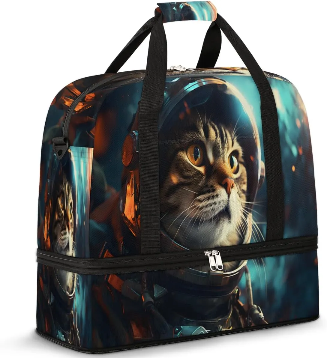 Galaxy Cat Printed Foldable Travel Duffel Bag Overnight Weekender Bag with Shoes Compartment Sports Gym Bag for Men Women