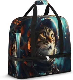 Galaxy Cat Printed Foldable Travel Duffel Bag Overnight Weekender Bag with Shoes Compartment Sports Gym Bag for Men Women