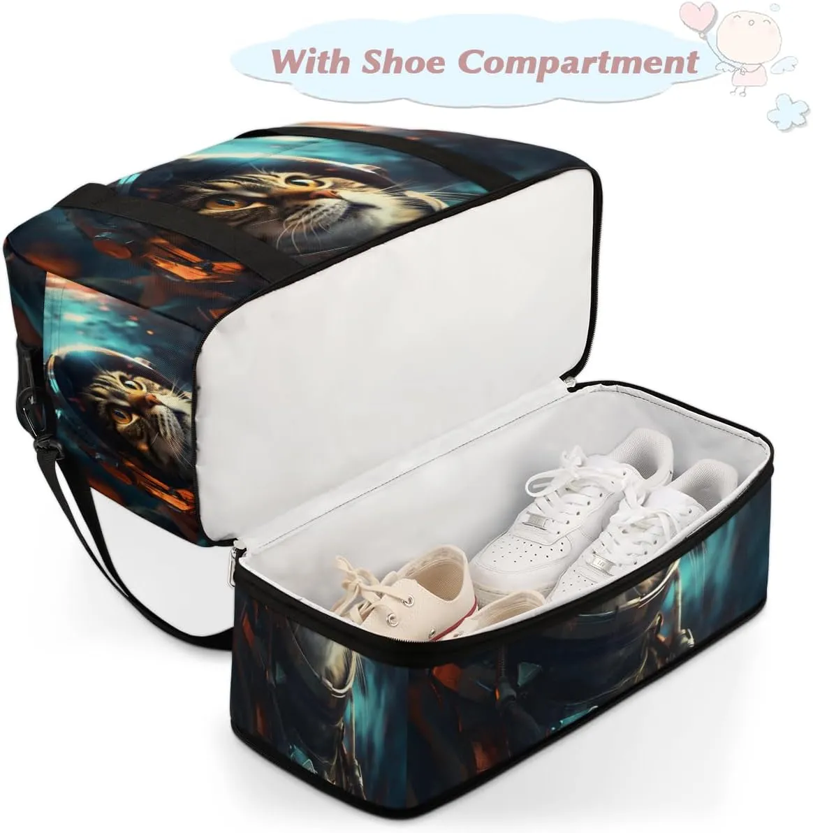 Galaxy Cat Printed Foldable Travel Duffel Bag Overnight Weekender Bag with Shoes Compartment Sports Gym Bag for Men Women
