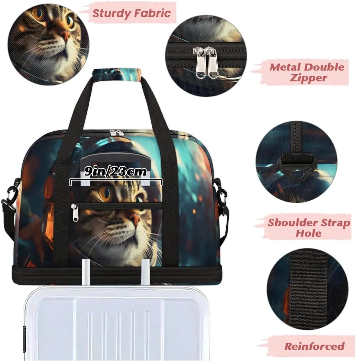 Galaxy Cat Printed Foldable Travel Duffel Bag Overnight Weekender Bag with Shoes Compartment Sports Gym Bag for Men Women