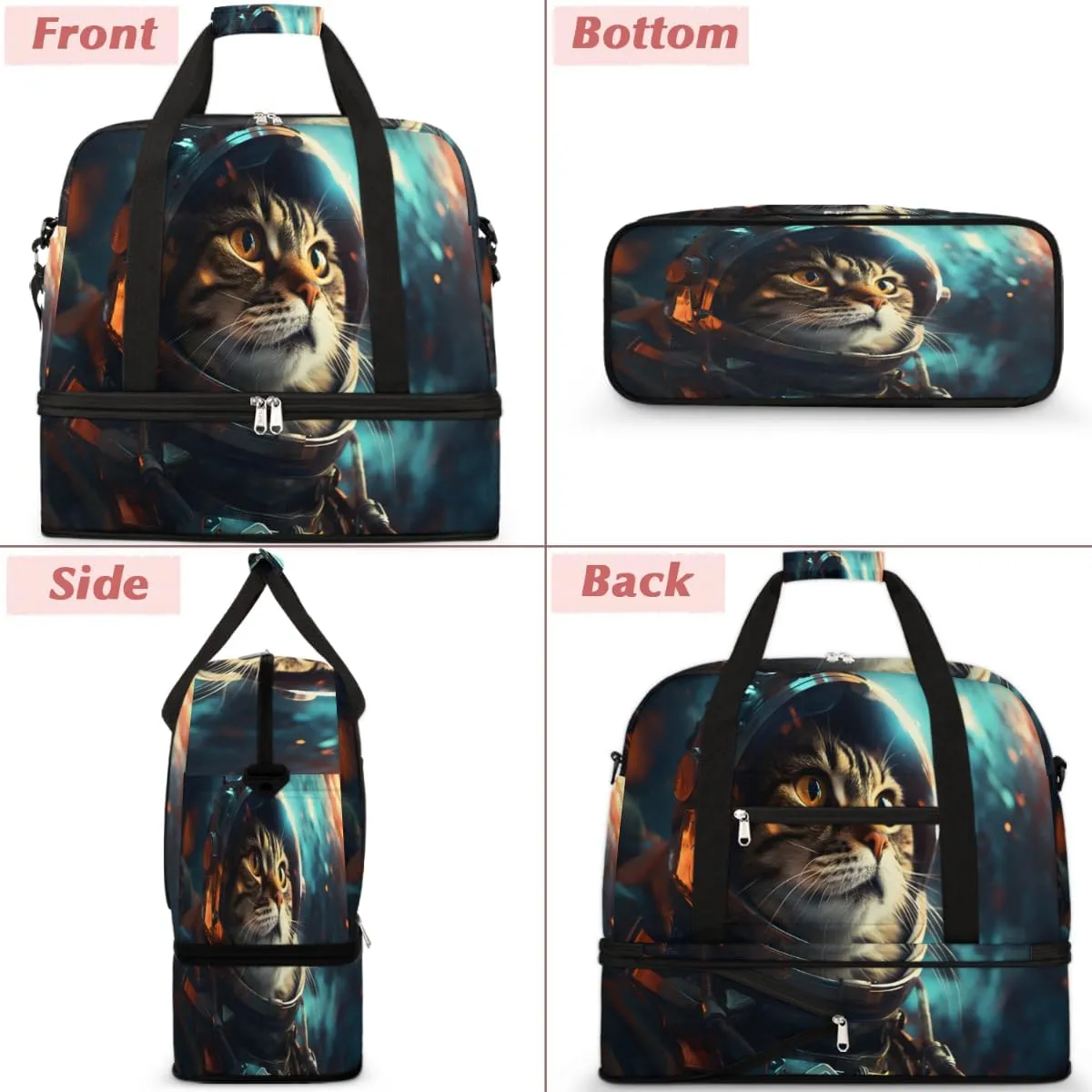 Galaxy Cat Printed Foldable Travel Duffel Bag Overnight Weekender Bag with Shoes Compartment Sports Gym Bag for Men Women
