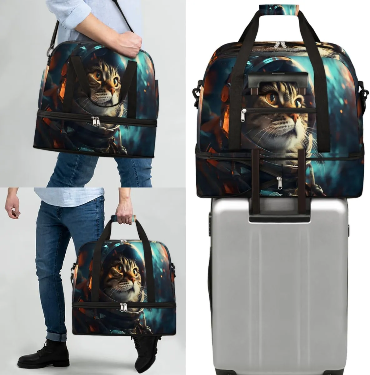 Galaxy Cat Printed Foldable Travel Duffel Bag Overnight Weekender Bag with Shoes Compartment Sports Gym Bag for Men Women